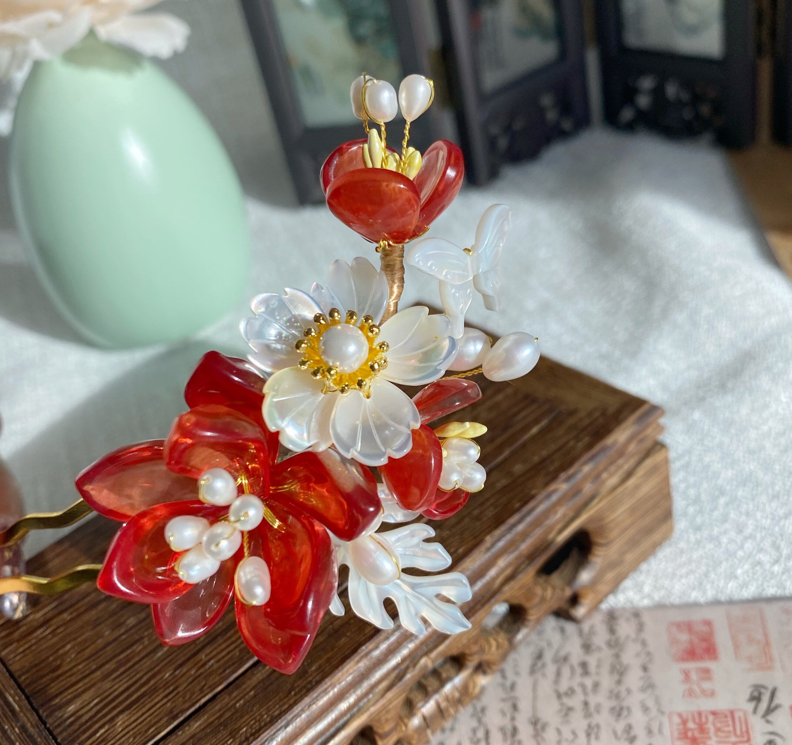 手工古风汉服头饰蝶贝淡水珍珠蝴蝶纯铜保色金小发冠花钿