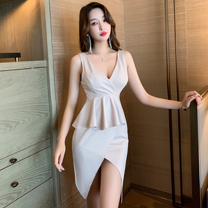 Short and medium skirt irregular night performance low cut slim sexy V-neck wrap hip dress