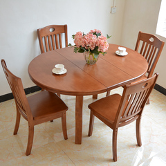 餐桌椅组合4人 可折叠伸缩椭圆形餐桌 实木大圆桌小户型木质饭桌