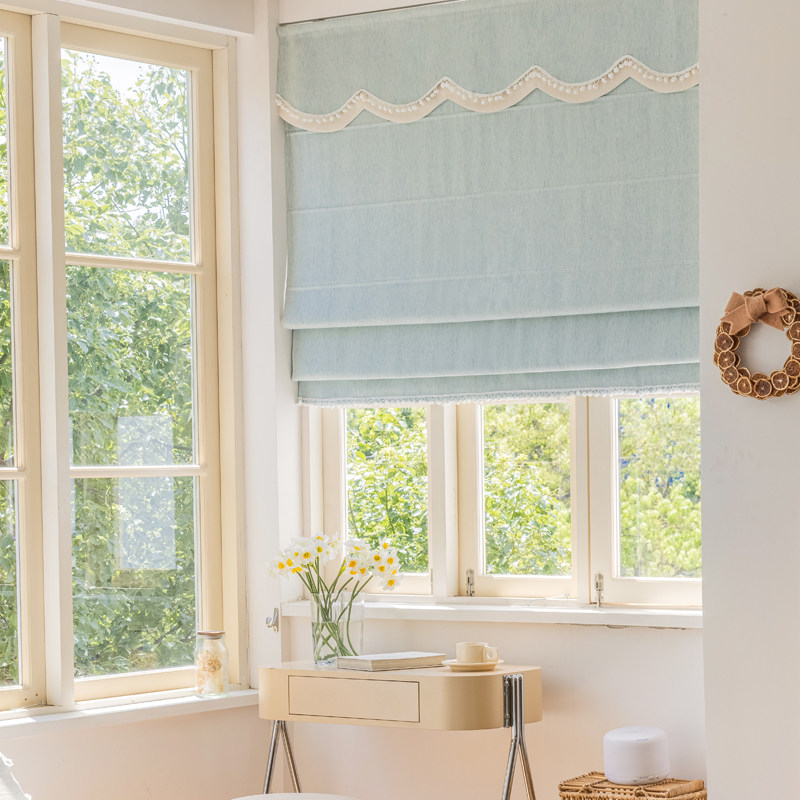 北欧ins风绒球纯色罗马帘素色升降窗帘 书房飘窗遮光上下提拉帘