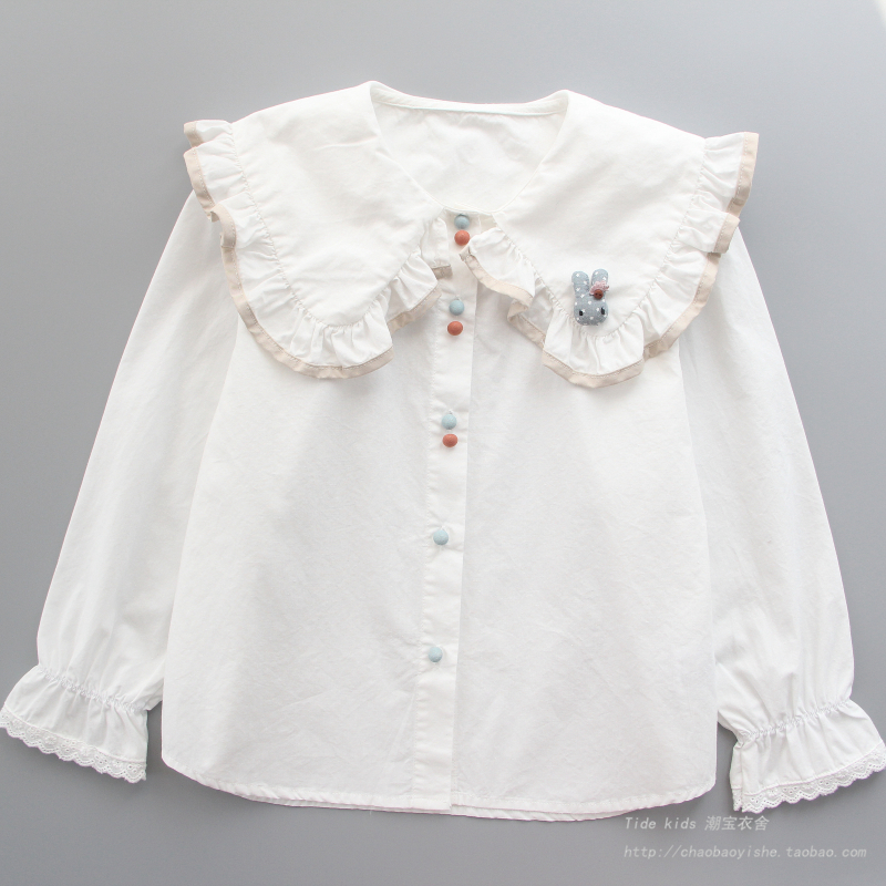 女童衬衫纯棉2024春装新款儿童洋气娃娃领白色打底衬衣小女孩上衣
