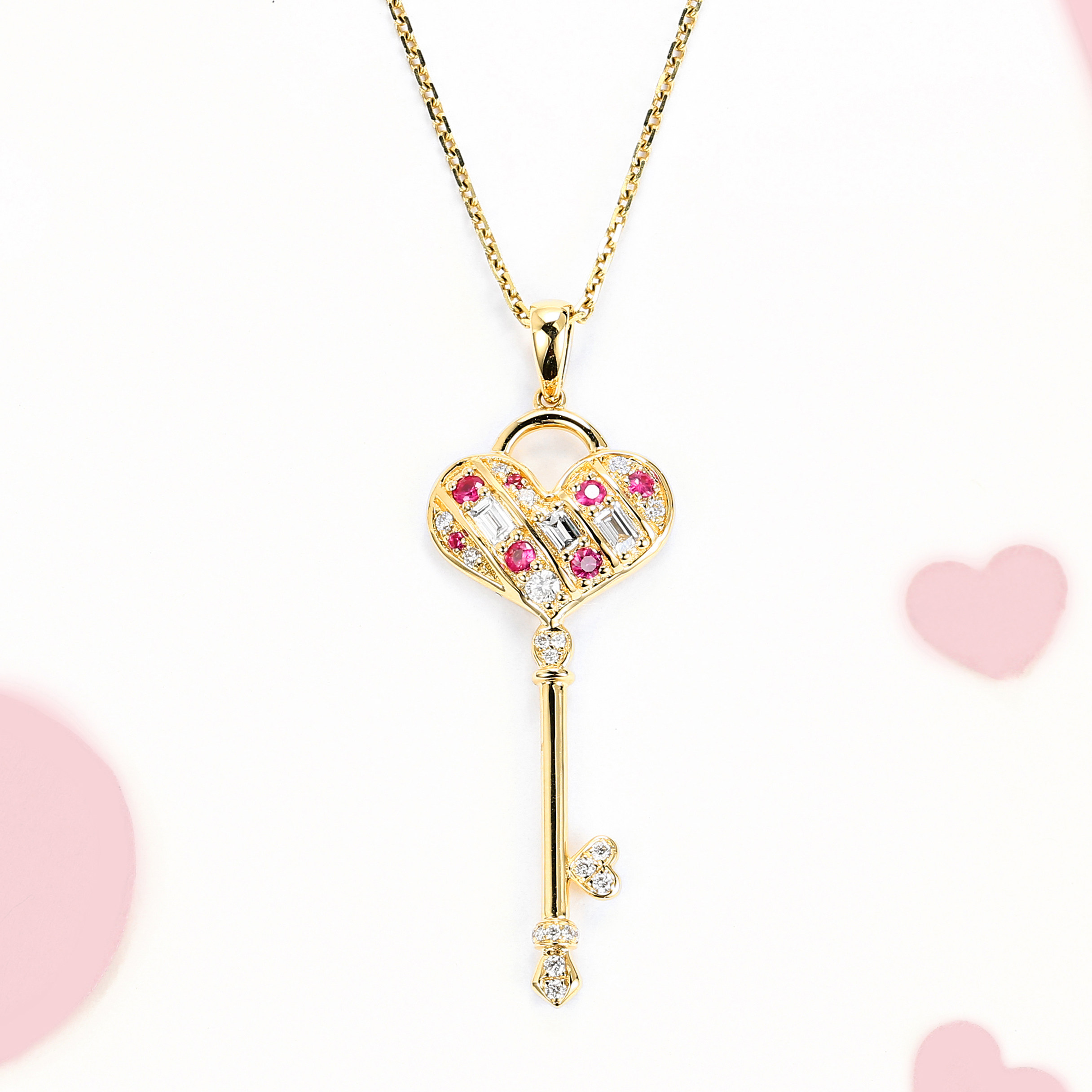 宝石矿工蜜桃之恋系列18k黄金粉色蓝宝石心形钥匙吊坠