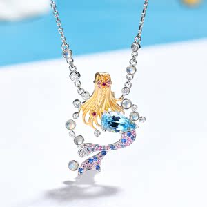 宝石矿工 18k白金水滴形海蓝宝钻石项链 精致美人鱼吊坠定制女士