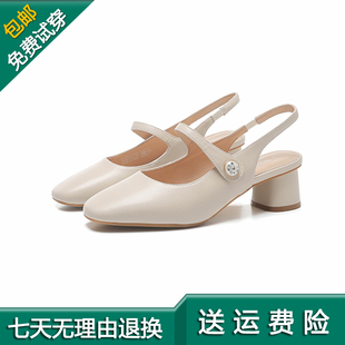 热风2024年夏季新款女士时尚法式粗跟单鞋浅口高跟鞋女鞋H34W4101