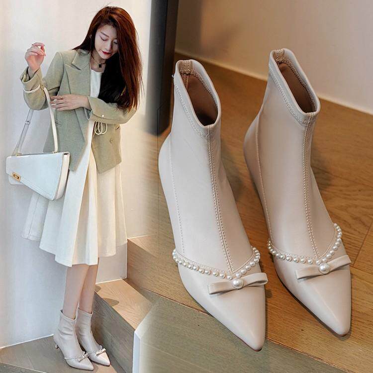 春秋单靴尖头珍珠职业弹力瘦靴细跟中跟短靴女米白色靴子真皮 gd