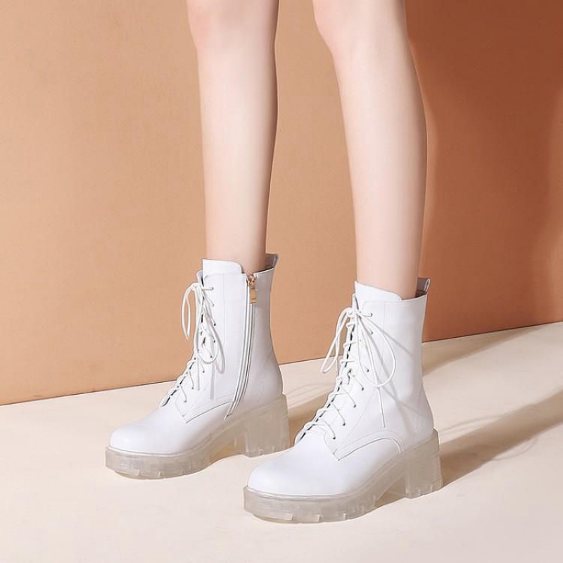 秋冬靴女粗跟中跟短靴夏单靴白色靴子绑带女鞋马丁靴真皮女靴 jbh