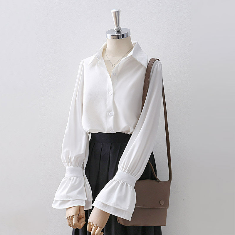 设计感小众白色翻领雪纺衬衫女秋新款百搭双层喇叭袖垂感别致上衣