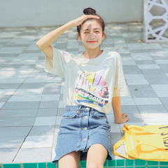 实拍韩国新款创意印花夏天feel宽松短袖T恤