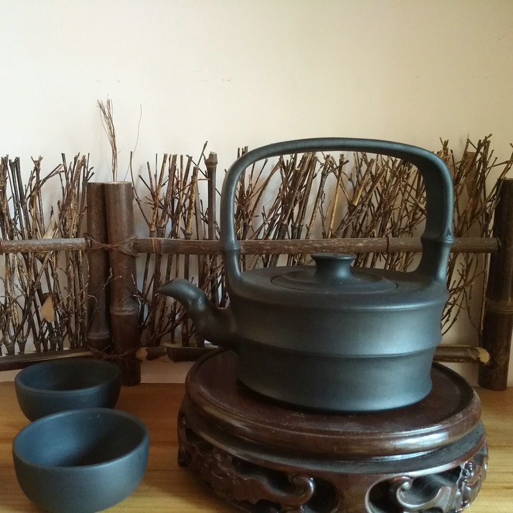 雅安荥经传统黑砂器 全手工泥茶壶扁竹 茶壶茶具无釉无铅泡茶壶_不