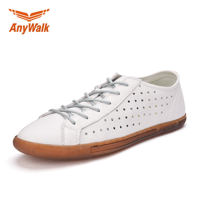 anywalk小白鞋男 夏季透气真皮打孔网面潮鞋 安尼沃克休闲鞋