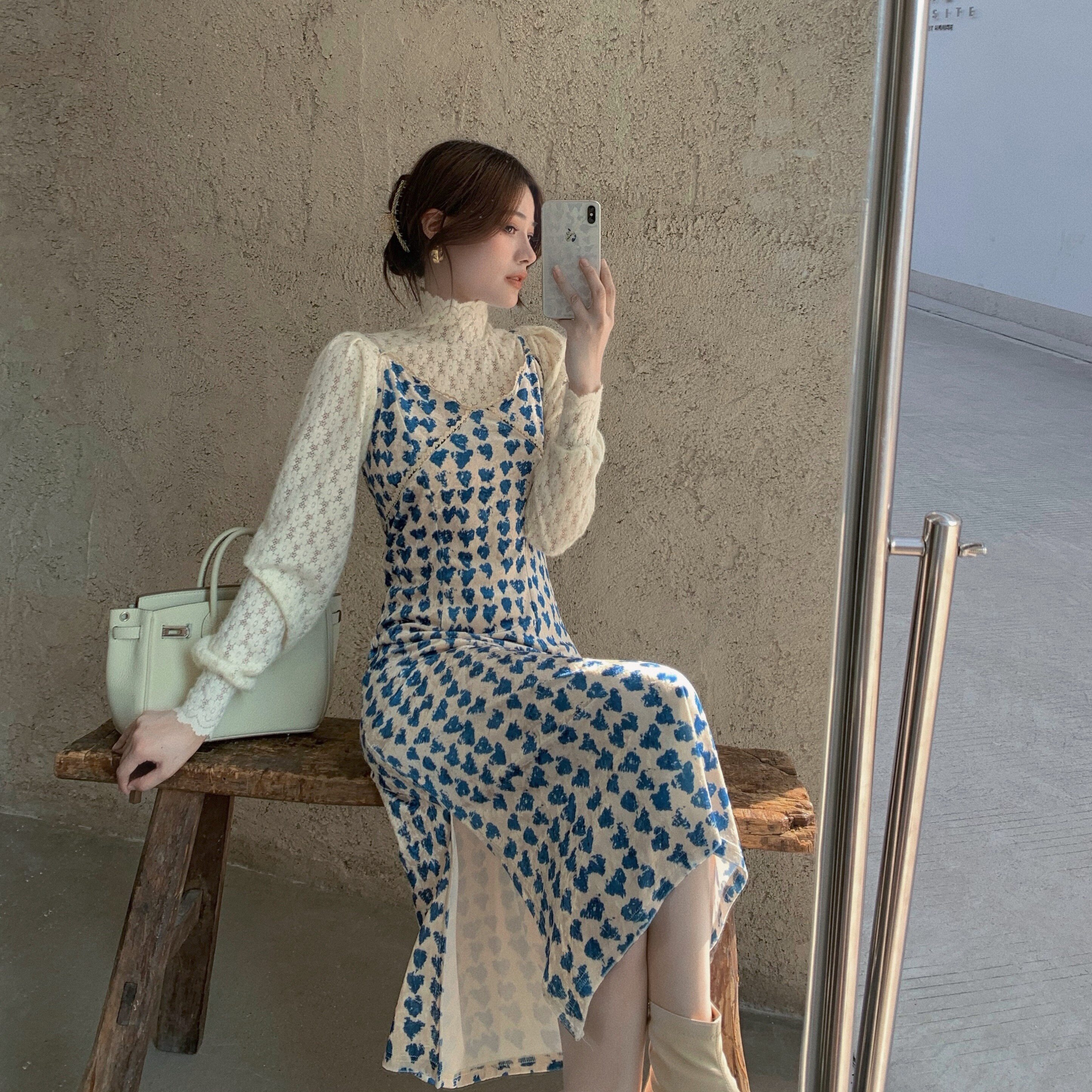 特价裙子冬女套装 胖mm 中长款_大码女装秋冬新款碎花丝绒中长裙套装