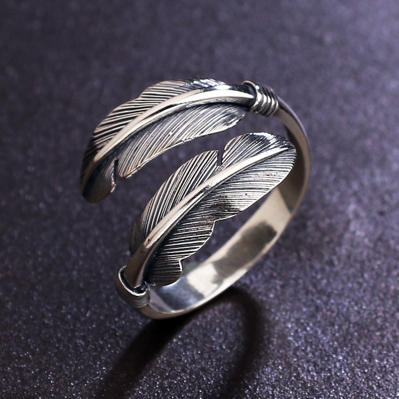 925纯银高桥吾郎羽毛戒指男士开口戒指环潮情侣复古男女个性潮流