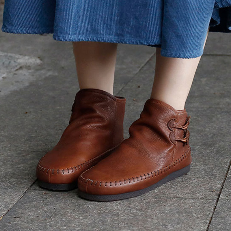 素色休闲平底靴真皮平跟魔术贴女靴复