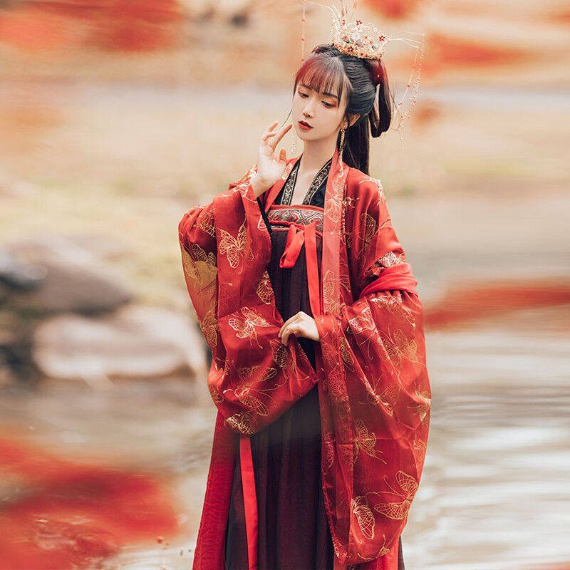 汉服女古风长款红色系大袖衫齐胸襦裙套装古装仙女裙秋冬上衣 3.