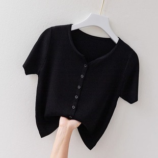 黑色短袖T恤女夏季2024新款气质薄款V领修身显瘦冰丝针织开衫上衣