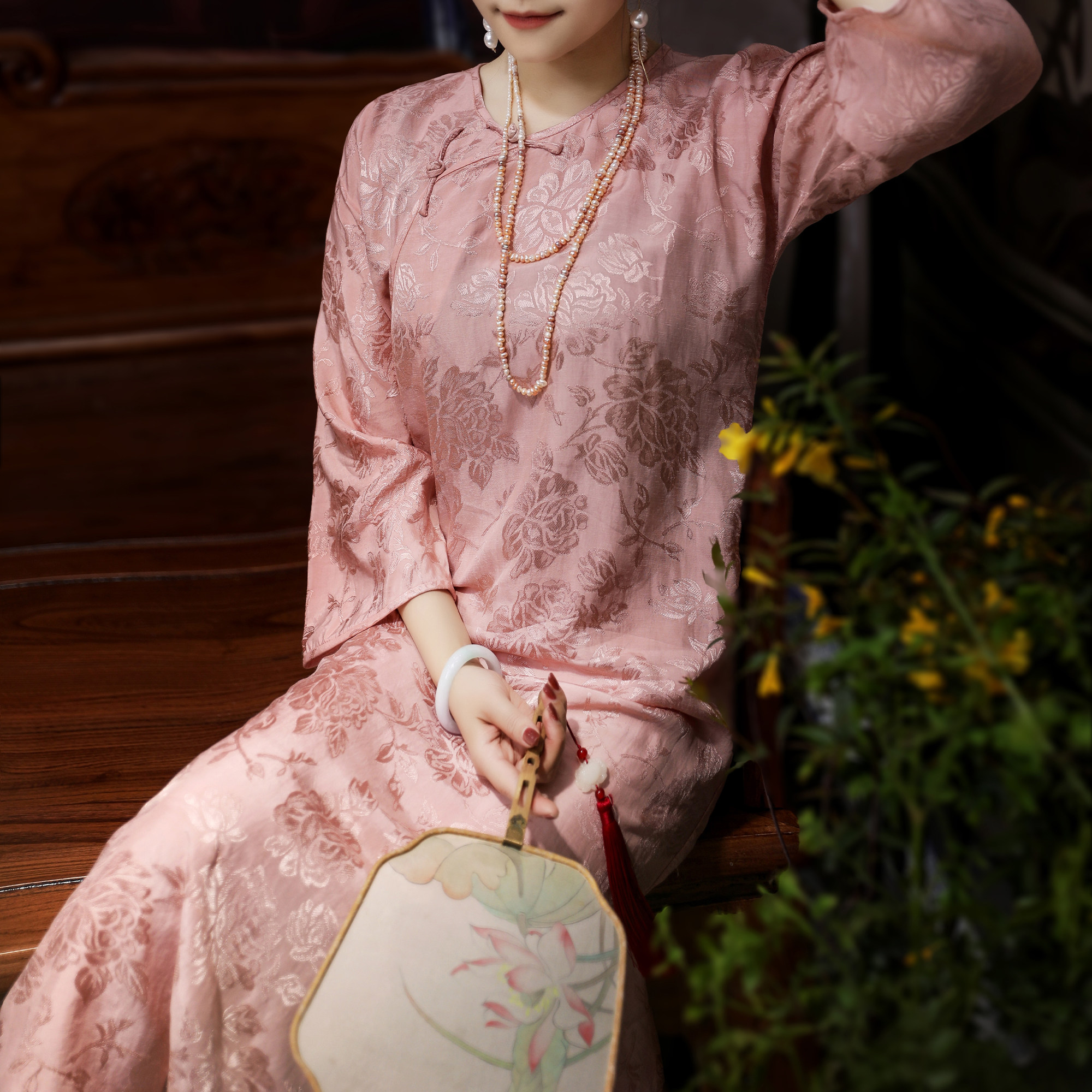 粉腰-中式国民风真丝混纺天丝一片式圆领旗袍无省倒大袖连衣裙女