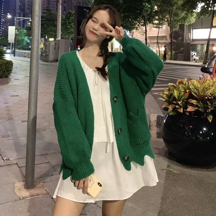 韩版宽松花边V领针织长袖毛衣宽松女慵懒外套女上衣女百搭显瘦|ruв категории Женская одежда, свитер - от Buy2taobao.com для оказания профессиональной услуги покупки агента Taobao