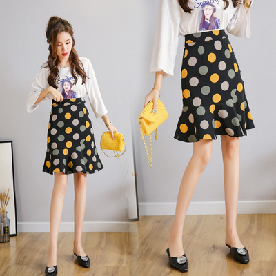 实拍2019夏季新品 欧美范洋气ins撞色大波点弧度小裙摆设计中长
