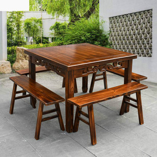 八仙桌农家乐餐桌家用仿古四方桌子实木饭店桌椅组合正方形碳化木
