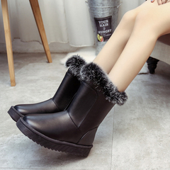 雪地靴女中筒靴防滑加棉加厚平跟雪地棉鞋冬季新款黑色皮面女鞋子