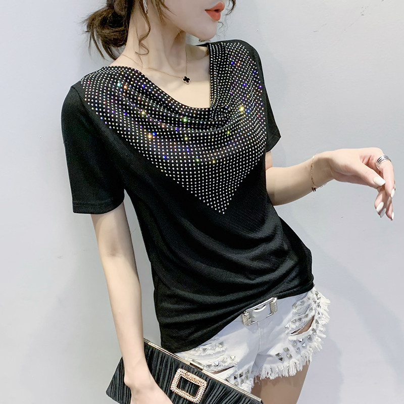 欧洲站2021夏装新款性感褶皱v领t恤女短袖烫钻洋气上衣显瘦小衫潮