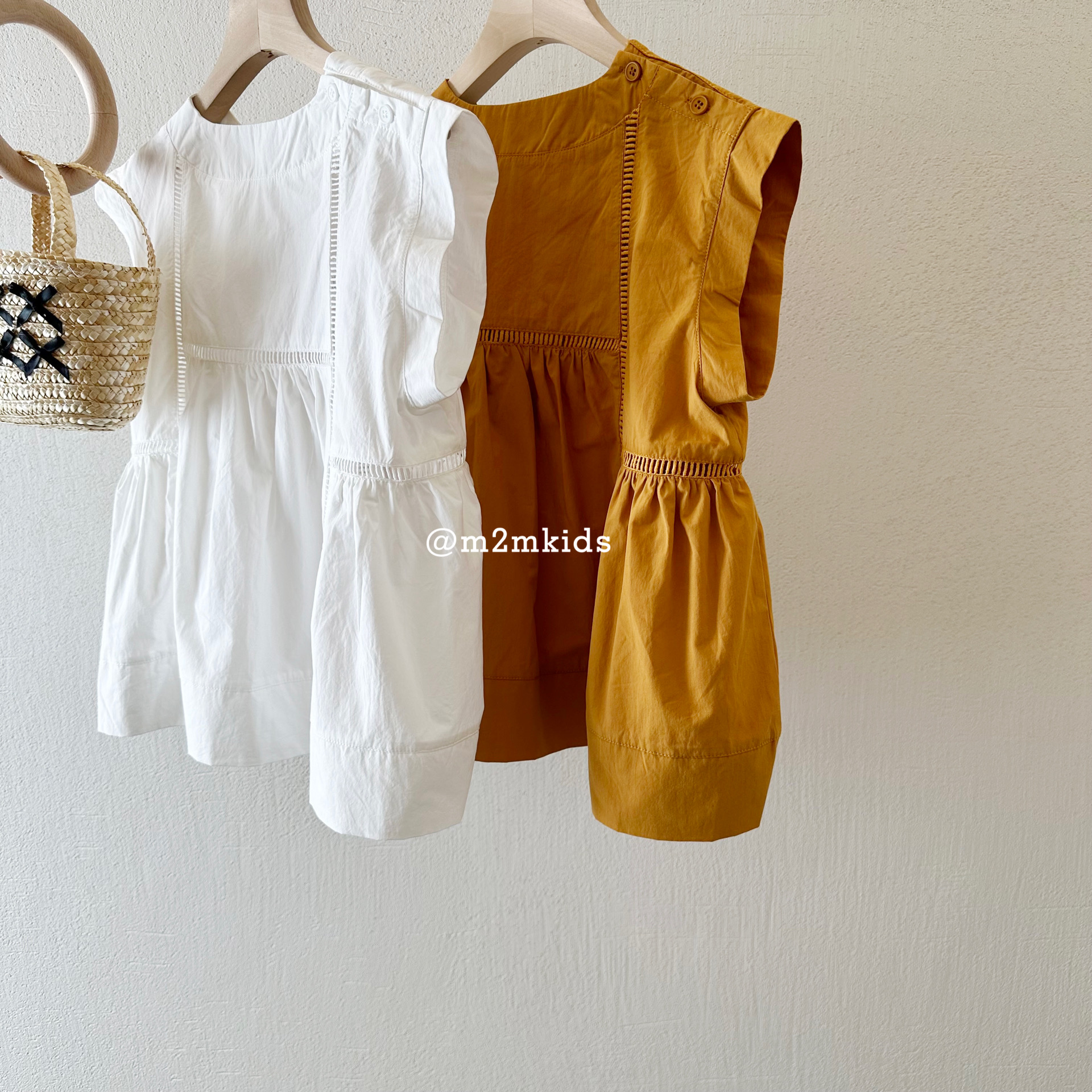 包邮韩系2024夏季女童橙色白色简约INS儿童无袖薄款 镂空衬衫