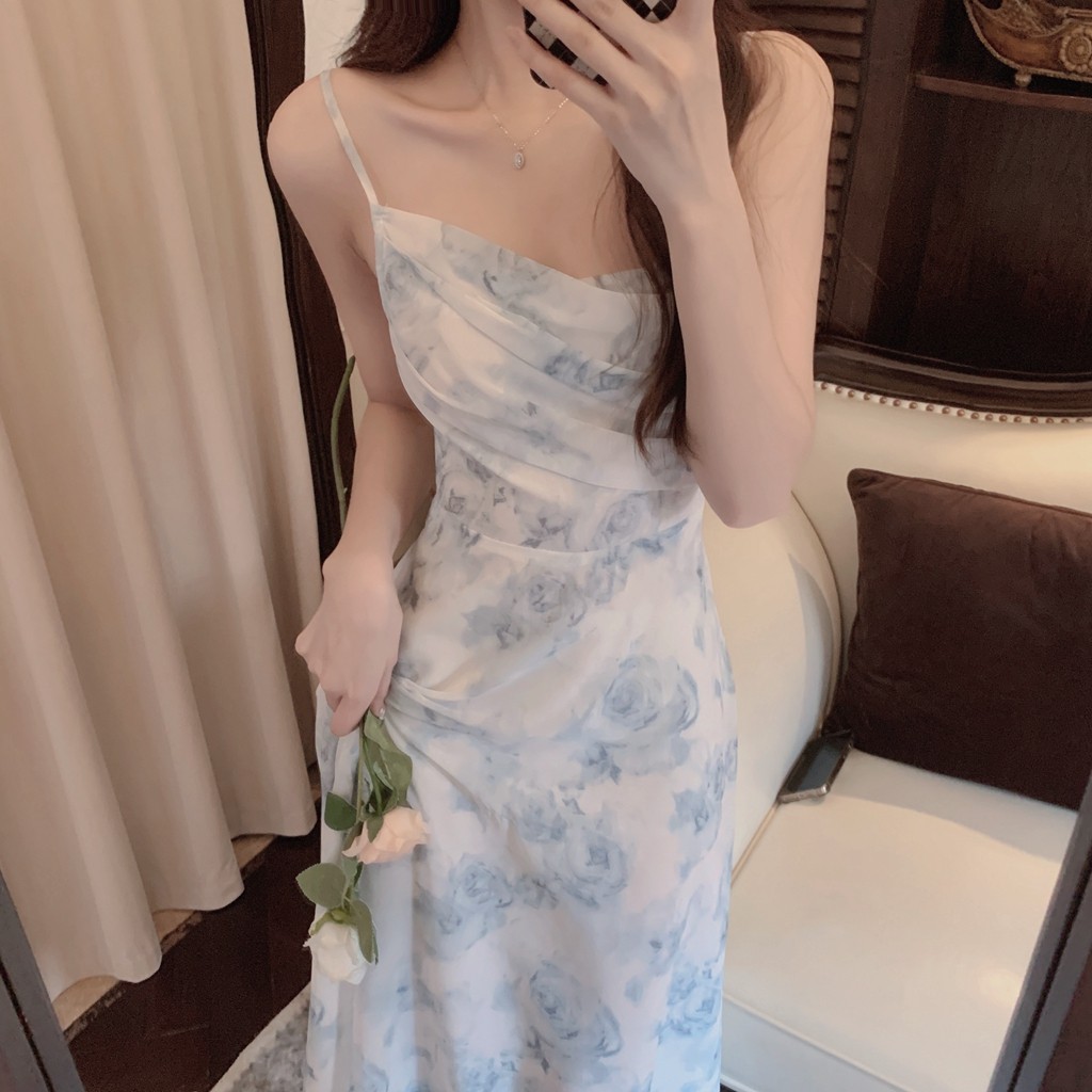 2022新款纯欲风吊带裙海边度假雪纺长裙露背系带蝴蝶结长款连衣裙