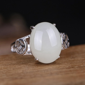 s925纯银镶天然和田玉女蛋面白玉开口戒指带证书