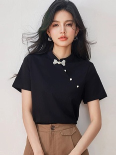 沐娜希新中式短袖T恤女夏季2024新款盘扣小衫女修身显瘦黑色上衣