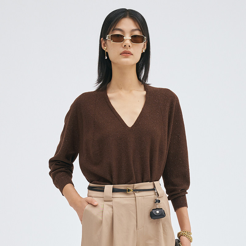 sodom深咖色羊毛衫女秋冬简约时尚可外穿v领毛衣ba3bs1921