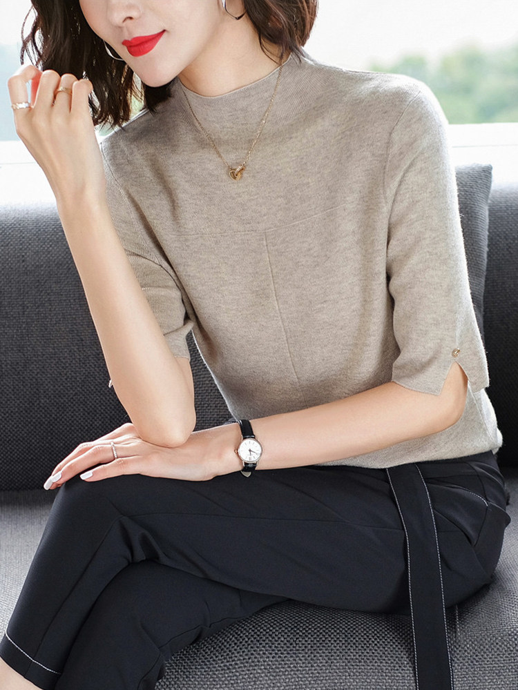 半高领五分中袖针织衫早秋装2021新款女士毛衣薄款超细羊毛打底衫