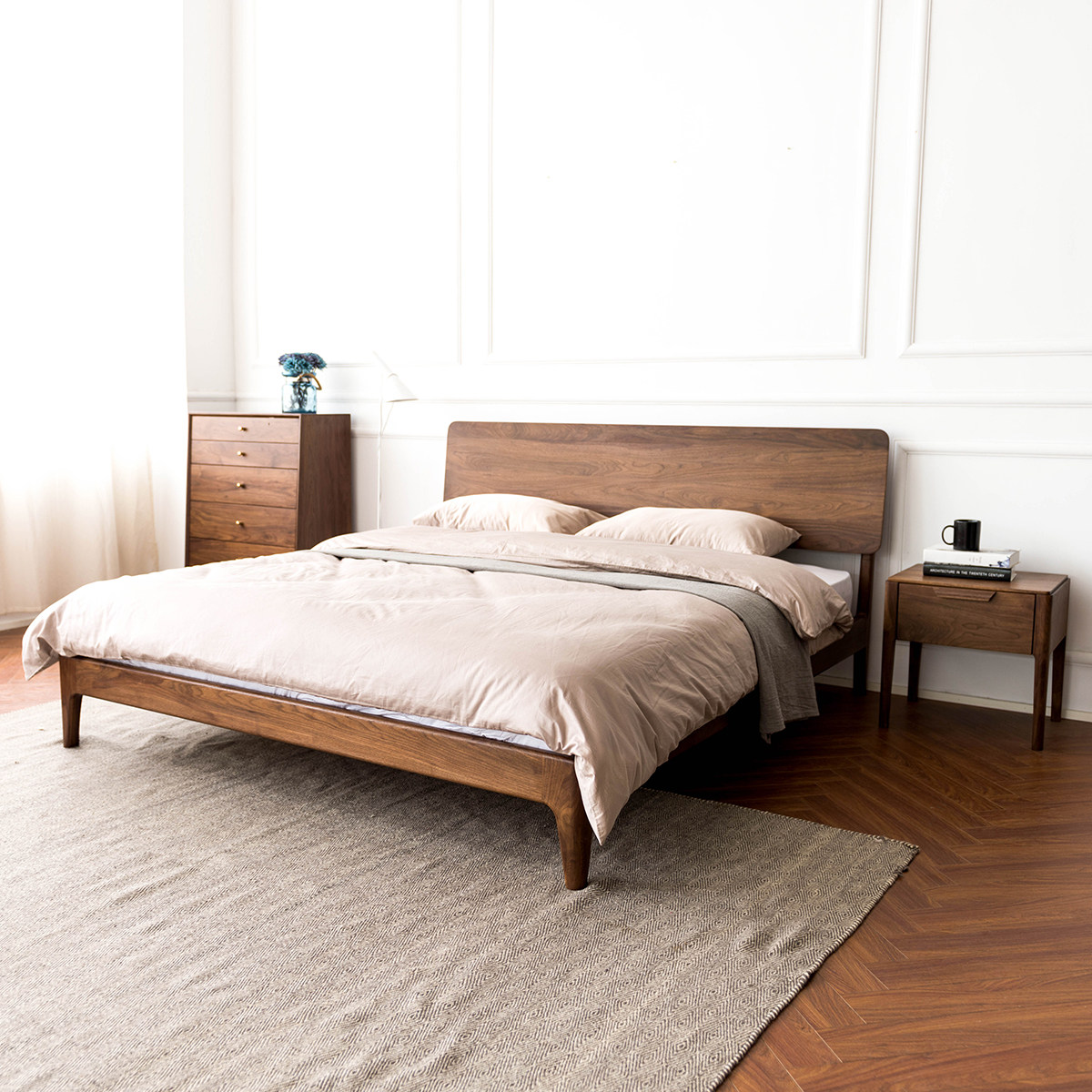 北欧日式黑胡桃木实木床双人床1.5米简约1.8米原木床卧室家具