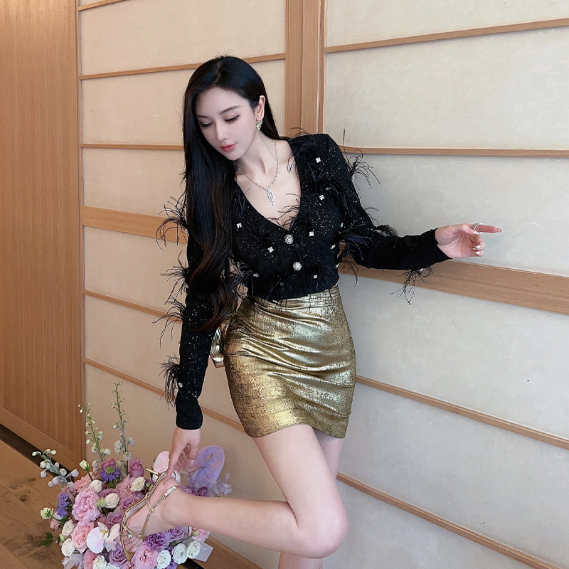 王玖玖金色高腰半身裙女夏季时尚性感短裙子高级感气质名媛包臀裙