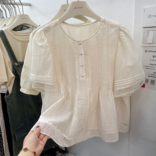 白色小衫蕾丝花边衬衫女2024夏季新款设计感泡泡袖洋气小衫上衣潮