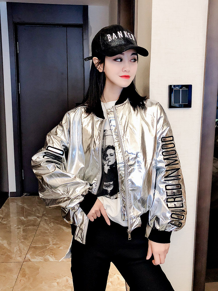 短款外套女2021秋季新款亮面棒球服银色漆皮bf风夹克个性潮牌上衣