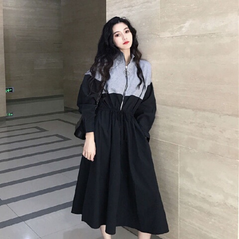 韩版时尚运动风春装女2019新款立领拉链收腰中长款拼接卫衣连衣裙