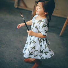 儿童短袖连衣裙女夏女童麻料蓝色复古童装裙子2016新款韩版公主裙