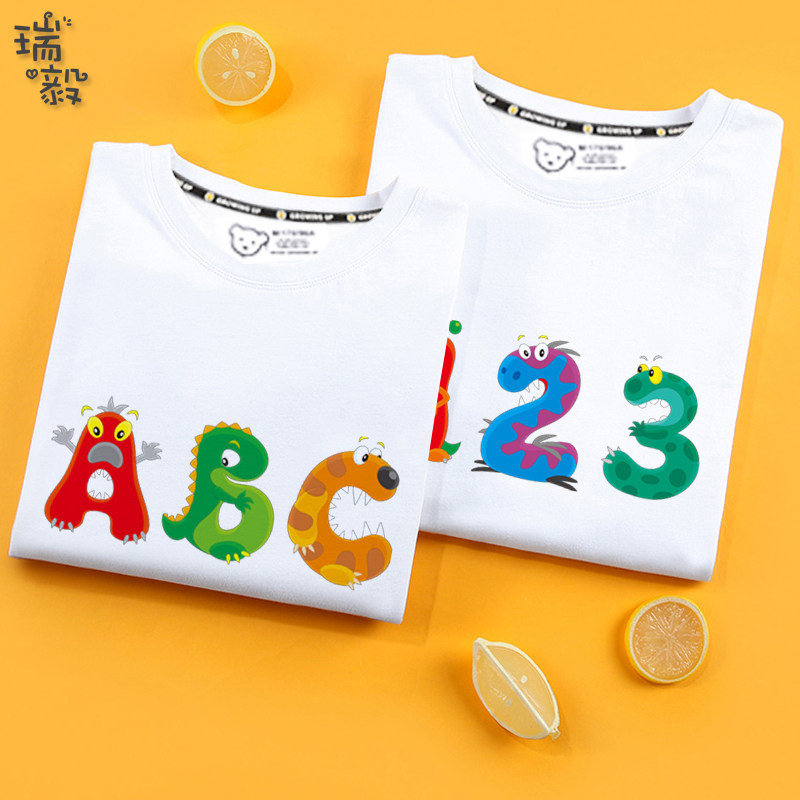 卡通英文字母小学生幼儿园班级服abcd男女大中小儿童装短袖t恤衫
