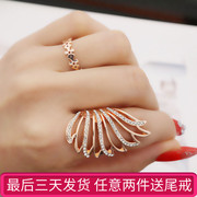 Japanese and Korean fashion personality index finger ring female full diamond rose gold wings feather hollow exaggerated ring open female