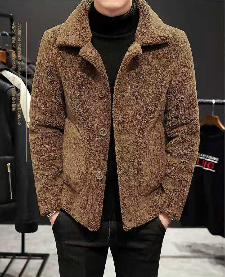 毛呢夹克外套男加绒加厚青年_秋冬季短款羊羔绒毛夹克男修身保暖青年