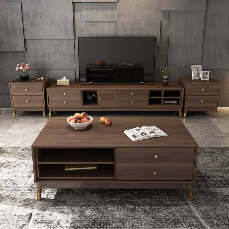 现代胡桃木色茶几电视柜组合 北欧简约小户型客厅多功能电视机柜-mc