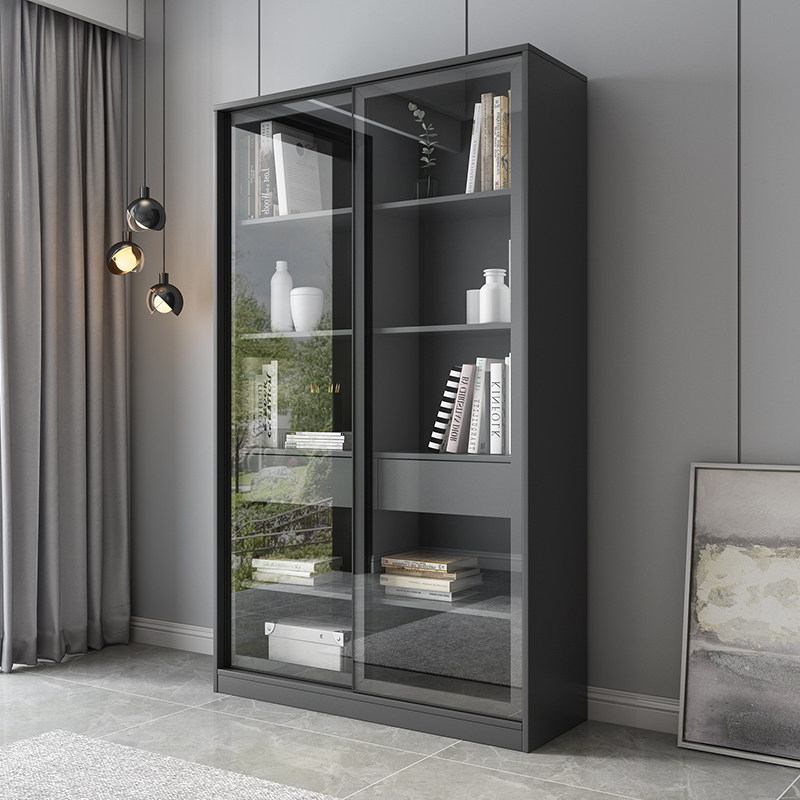 北欧简约推拉门玻璃书柜带门现代客厅书架自由组合书房落地置物架