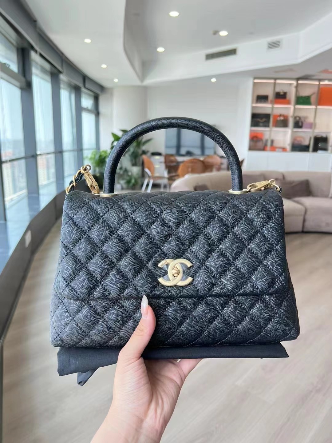 99新chanel香奈儿coco handle中号荔枝皮金扣单肩斜挎手提包女包