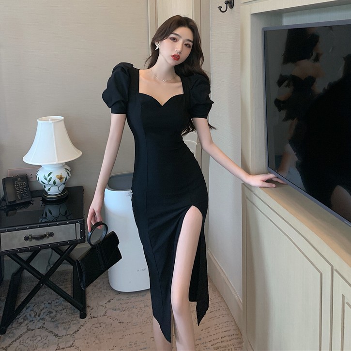 气质长裙子女夏季长款修身侧开叉包臀复古赫本风泡泡袖黑色连衣裙|msdalam kategori Butik wanita / wanita, pakaian - dari Buy2taobao.com untuk memberikan perkhidmatan ejen Taobao profesional membeli