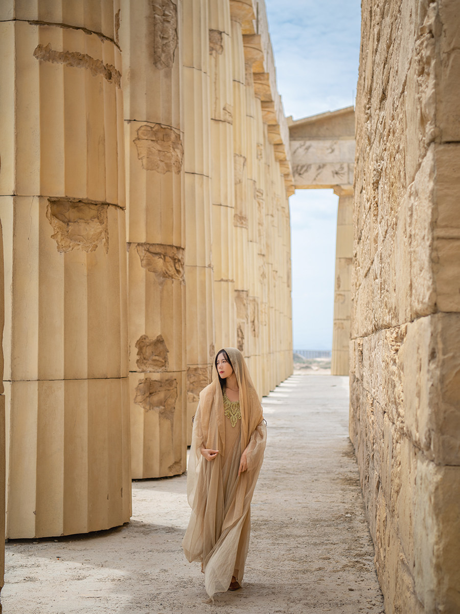 理想三旬女装香槟色欧式复古风重工雪纺宽松希腊女神小众设计长裙