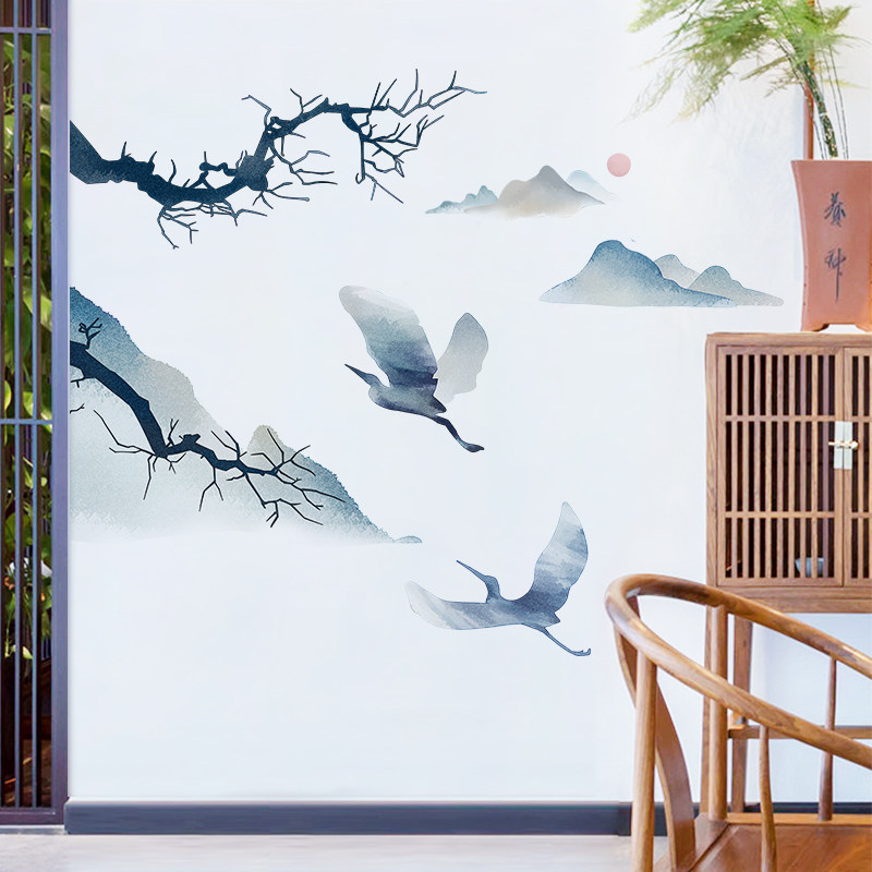 嘉倪家居旗舰店的优惠券大全—客厅中国风布置墙贴画仙鹤古风墙贴纸
