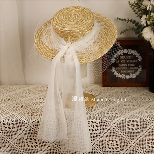 法式礼帽2021新款白色新娘旅拍摄影婚纱汉服复古花朵夏季草帽女