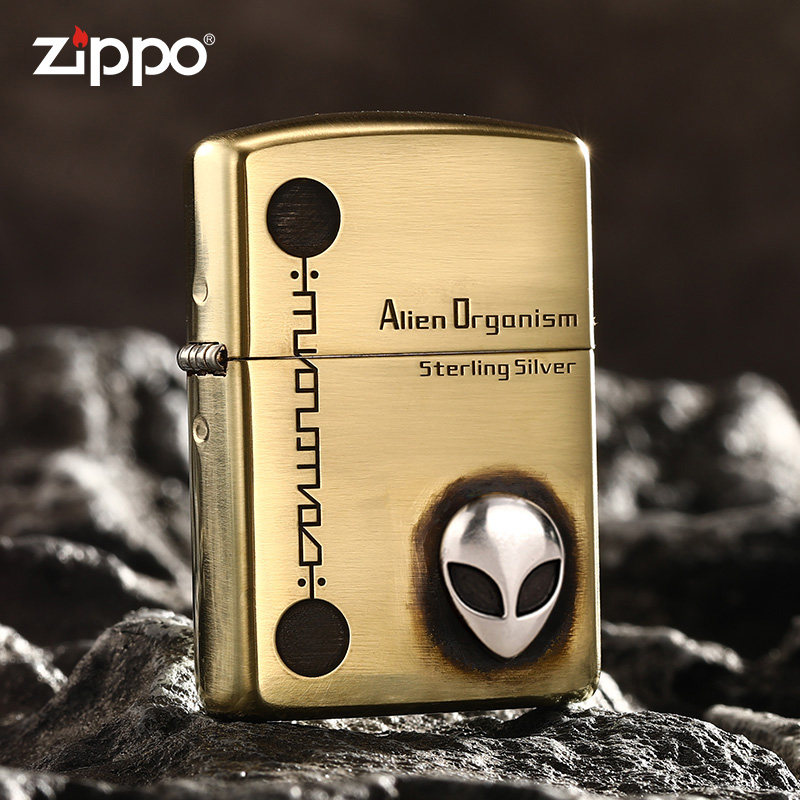 官方正品zippo打火机正版防风煤油纯铜外星人男士送礼物925银贴章