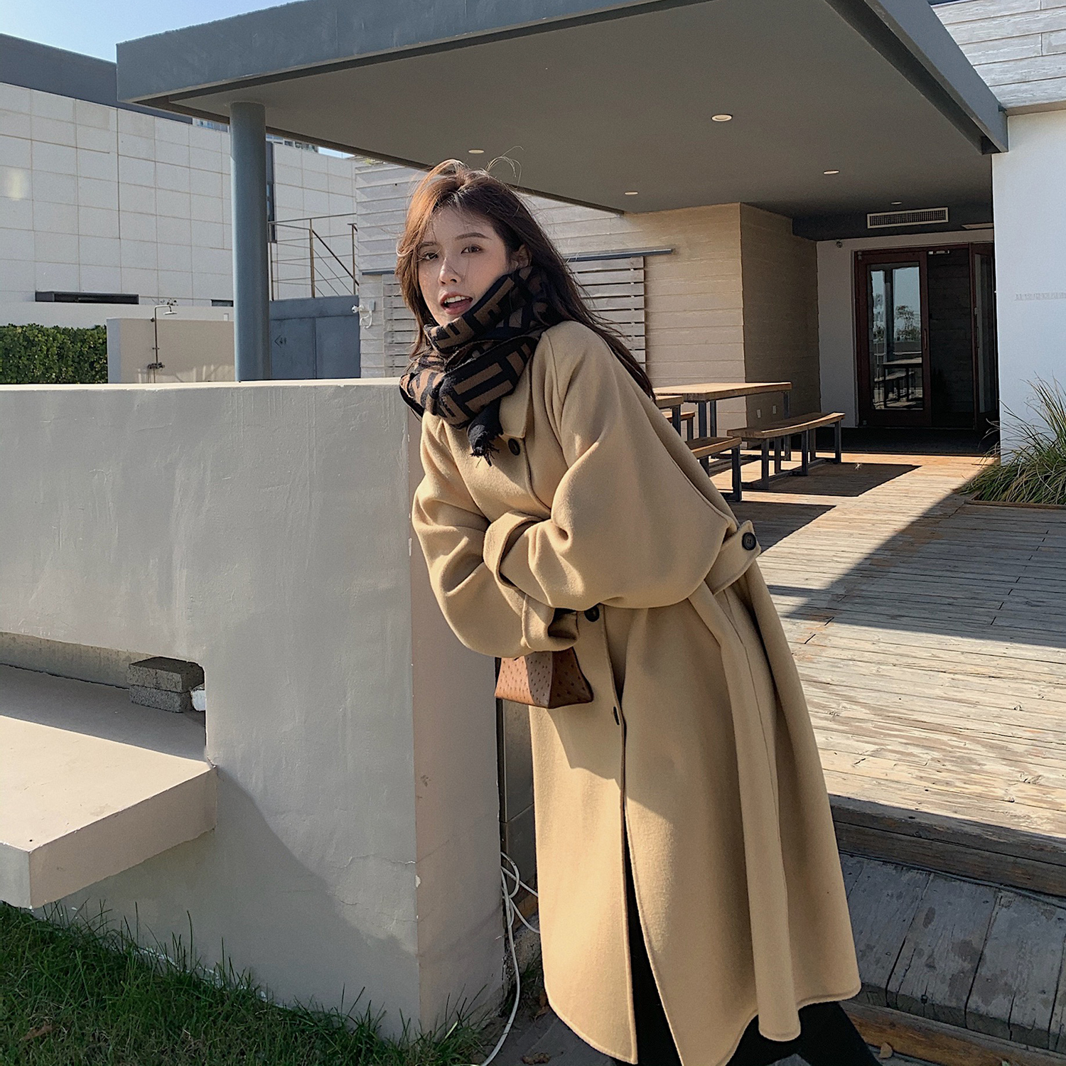 小宜定制◆布拉格 卡其色双面羊绒呢子大衣女2020年新款中长款