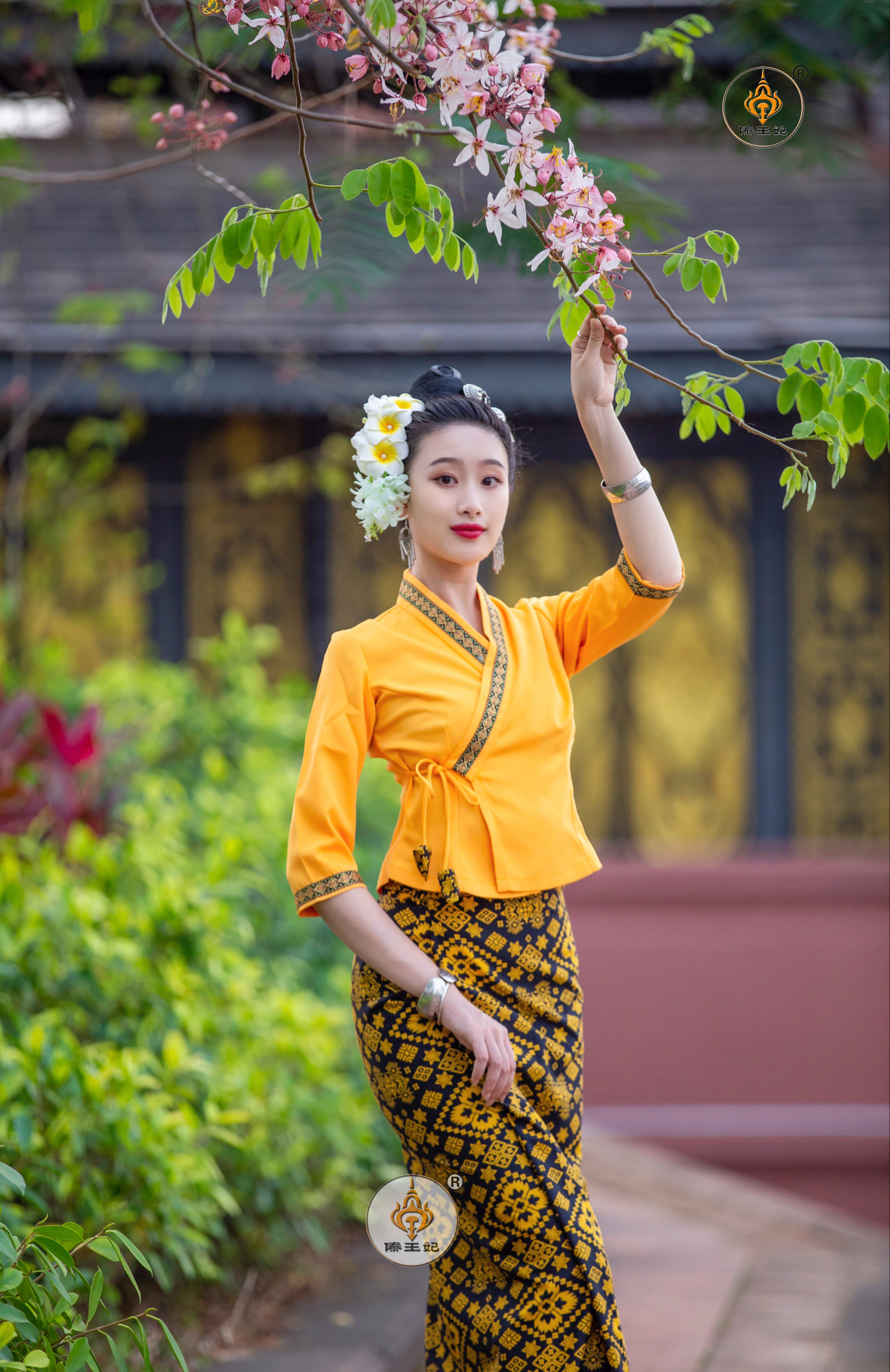 傣王妃服饰傣族传统简约修身长裙中袖春夏透气棉工作服日常生活服